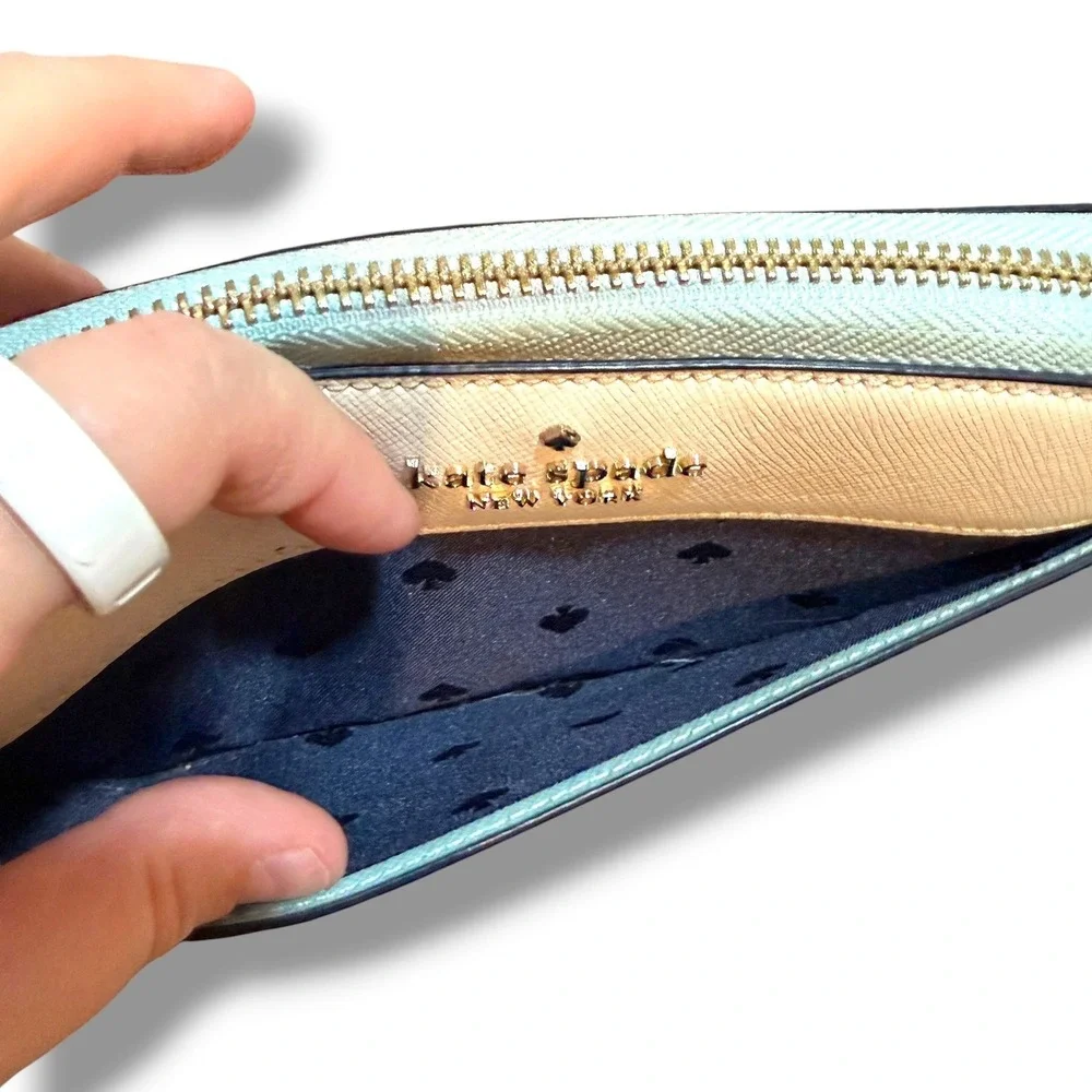 Kate Spade New York Wallet Womens Aqua White Saffiano Leather Zip Around